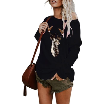 

VICABO Christmas Antlers Print Irregular Women Tshirts Mid-Length Long Sleeve Round Collar T-Shirts Plus Size Casual Tee Tops