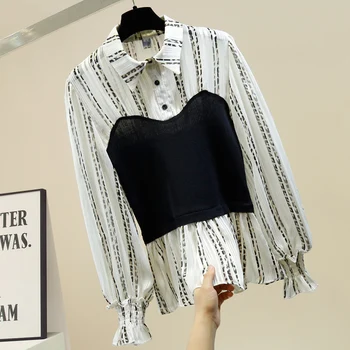 

Knit Panel Chiffon Shirt Woman Lapel Transparent Shirt Women's Blouse Sexy Tops Blusas Blusa Mujer Nancylim