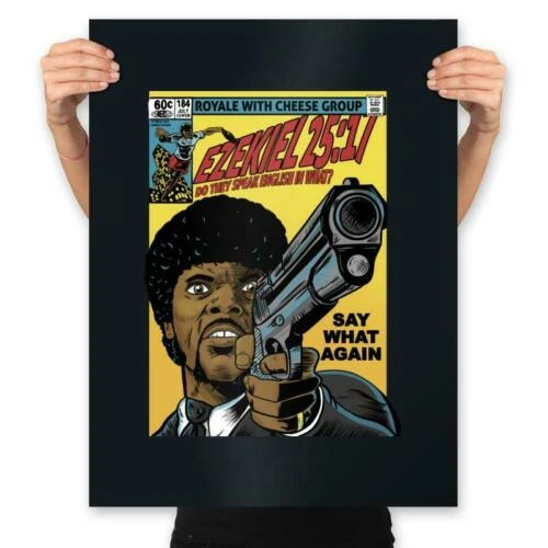 Comic cover style illustration of Jules Winnfield with Ezekiel 25:17 quote