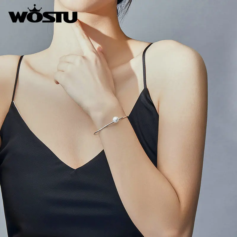 WOSTU, лидер продаж, аутентичный 925 пробы, серебряный, тихий, жемчужный браслет, открывающийся, регулируемый, для женщин, браслет, ювелирное изделие, CQB168