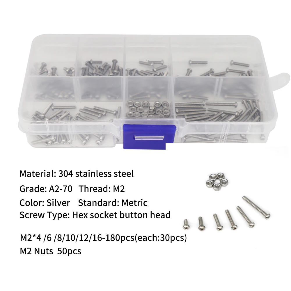 Stainless Steel Screws Screw Bolt Nut Set Hex Nuts Assortment Kit 230PCS M2 Stainless Steel 304 Hex Socket Button Head Cap Screws Bolts Hex Nuts Kit With Box