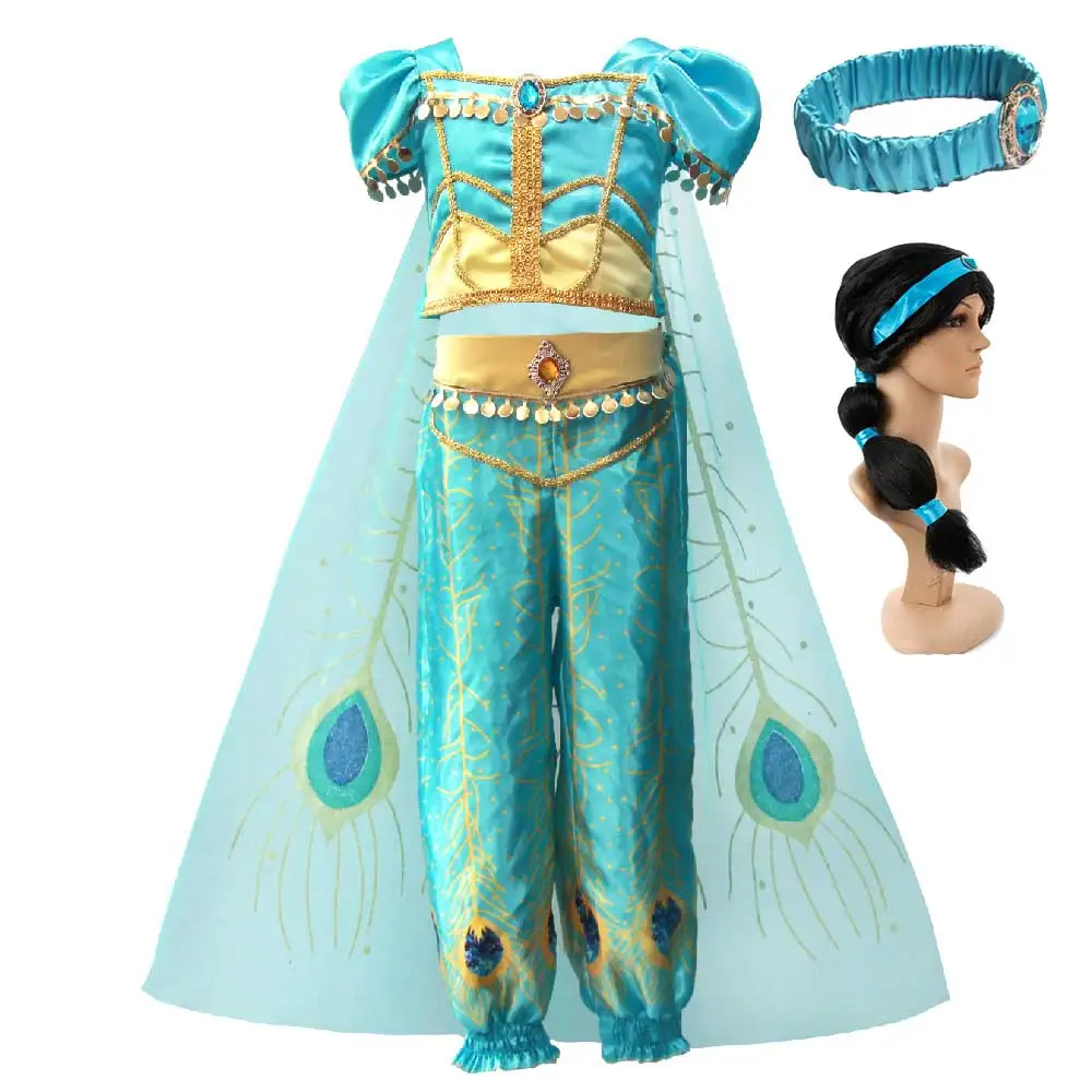 

Girls Aladdin Jasmine princess Costumes Kids Outfit Halloween Fancy Dress Chiffon Cosplay Party Clothes Tops Pants Cloak