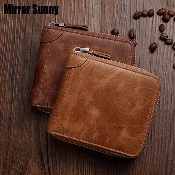 

MIRROR SUNNY Retro genuine leather men short wallet multi-functional men's zipper purse vintage male card wallet coin purse