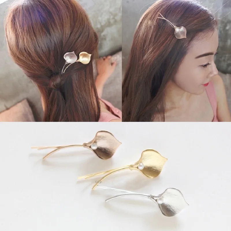 

South Korea Metal Tulip Pearl Long Clip Flower Side Clip Bang Hair Clip Headdress