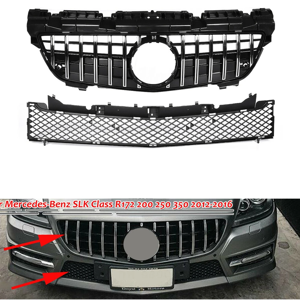 

For Mercedes Benz SLK R172 SLK200 SLK350 2012-2016 GT Style Chrom Silver/Black Front Upper Grille+Lower Grill Bumper Hood Mesh