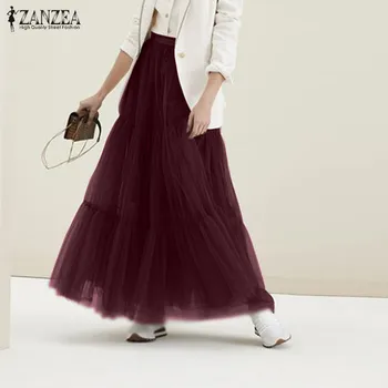 

ZANZEA Women's Pleated Mesh Patchwork Skirts 2020 Summer Sundress Elegant Casual Tulle Vestidos Female Solid High Waist Robe 5XL