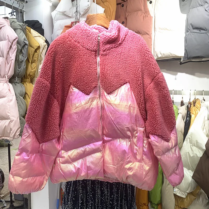 Модное хлопковое пальто с ярким мехом ягненка, Женская свободная короткая теплая куртка, зимнее пальто для девушек, Abrigos Mujer Invierno