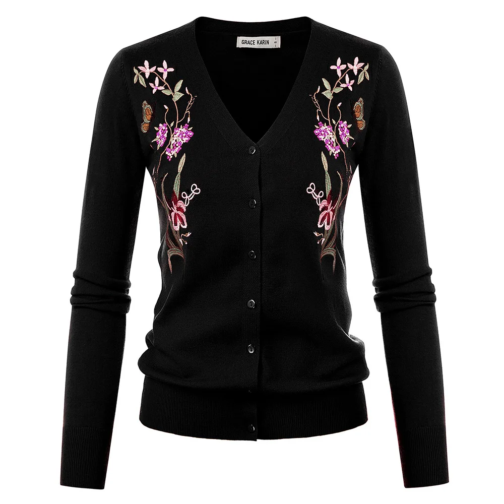 

GK Women Coats Spring Autumn Retro Embroidery Decorated Cardigan Knitwear Knitted Coat V-Neck Long Sleeve Floral Soft Jumpers