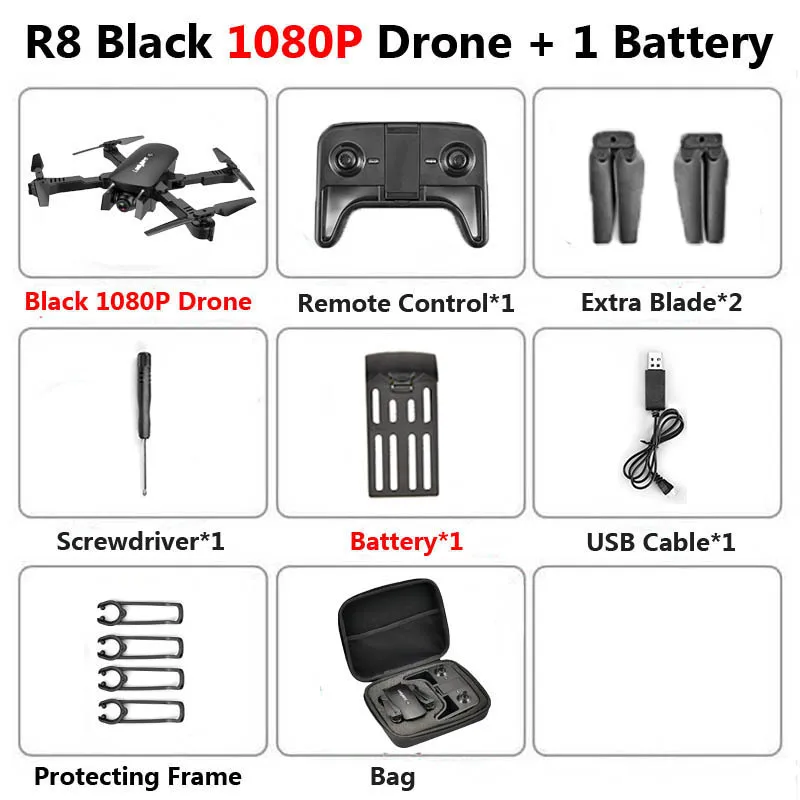 R8 1808 Drone with Dual Camera 1080P 4K PX1600W HD WiFi FPV Optical Flow Automatic Beauty RC Quadcopter Helicopter XS816 SG106 - Цвет: 1080P Black 1B Bag