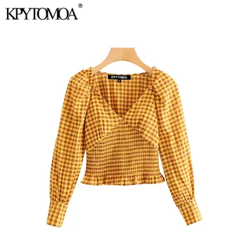 

Vintage Stylish Elastic Waist Plaid Cropped Blouses Women 2020 Fashion V Neck Long Sleeve Female Shirts Blusas Chic Tops