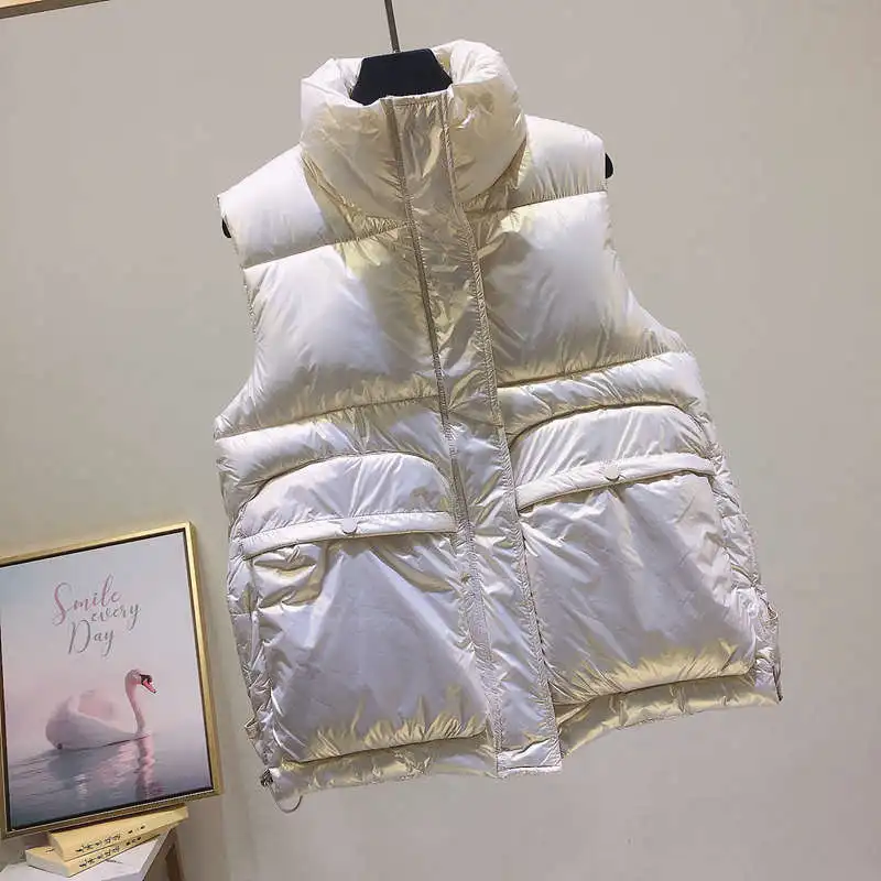 

Lightweight Down Cotton Vest Coat Women Pockets Stand Collar Sleeveless Waistcoat Casual Autumn Winter Jacket Women Vests C7740