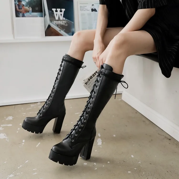 Womens Ladies Chunky Block Heel Knee High Cleat Sole Lace Goth Punk Biker Boots 