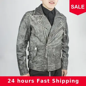 

2020 Vintage Grey Men Motorcycle Leather Jacket Large Size XXXXXL Genuine Cowhide Autumn American Slim Fit Biker's Leather Coat