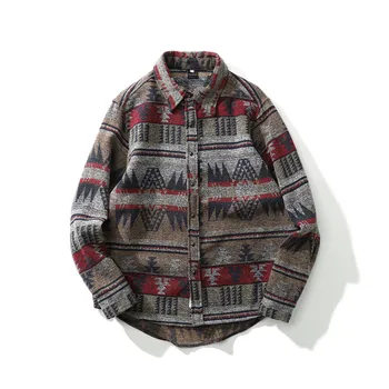 

2020 Fashion Long Sleeve Flannel Woolen Shirts Autumn Winter Thicken Warm Vintage Folk-custom Pattern Casual Streetwear Shirts