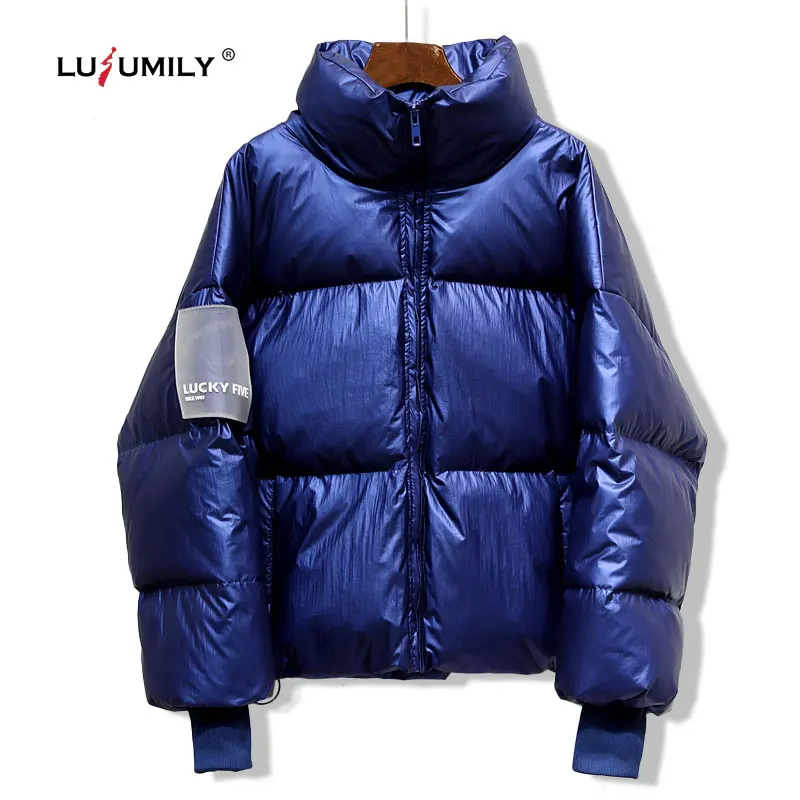 

Lusumily 2019 Winter Glossy Down Parka Women's Jackets Winter Warm Blue Thick Jacket Loose Short Coat Winter Women Outerwear