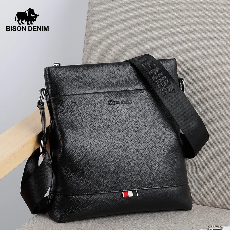  BISON DENIM Genuine Leather Men Bag Casual Business Crossbody Bag iPad Mens Messenger Bag Classic B - 32919596329