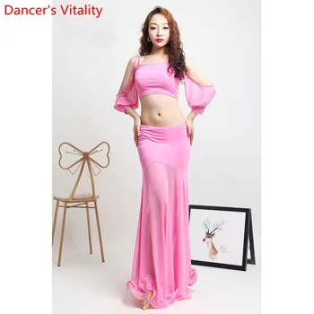 

Women Belly Dance Training Outfits Puff Sleeve Top Long Fishtail Skirt Set Oriental Indian Dancing Summer Performance Clothes