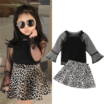 

3Pcs Toddler Kids Baby Girls Summer Lace Long Sleeve Shirt T-shirt Tops Leopard Ruffle Mini Skirt Clothes Outfits Set 1-5Y