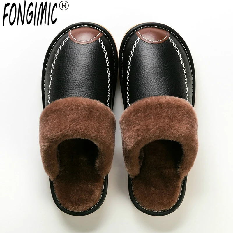Zapatillas de cuero de invierno para hombre, Zapatillas de algodón impermeables, gruesas, de terciopelo, para interior, cálidas, para casa, Zapatillas de casa