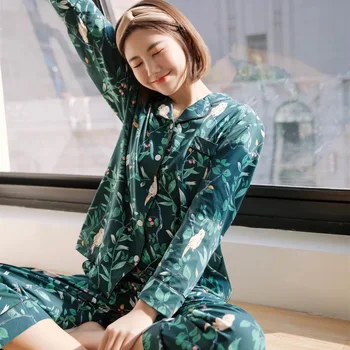 

2019 New Long Sleeve Pyjamas Cotton Casual Woodpecker Printing Pajamas Woman Fashion Sleepwear 2 Piece Women Wear Home Clothes