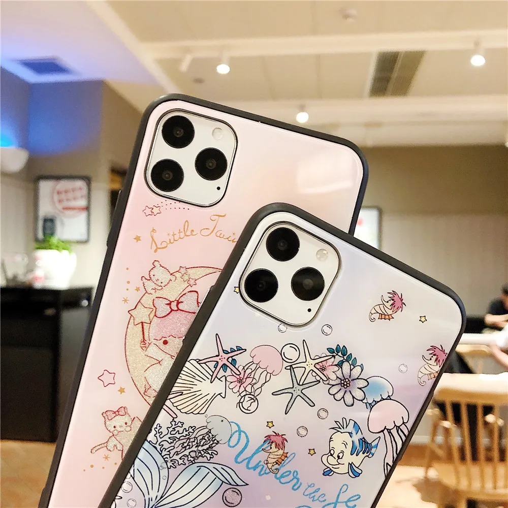 Hello kitty Маленькие близнецы звезды блестящий чехол из закаленного стекла для телефона для iphone 11 Pro Max 7 8 plus X XR XS MAX маленький чехол с русалкой