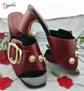 

Excellent wine African high heel slipper amazing party pump shoes for lady QS1906, heel height 7cm