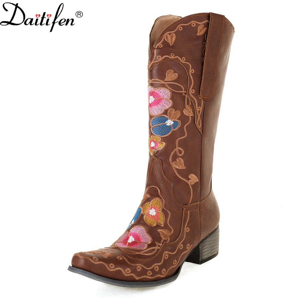 Daitife Botas de Cowboy Knight para mujer, botines de manga bordada con  flores, Boca en V, pero hasta la rodilla, tacón grueso, estilo occidental,  novedad, Otoño e Invierno|Botas a media pantorrilla| -