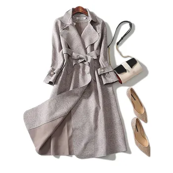 

High Quality Autumn Long Suede Trench Pockets Women Coat Belt Windbreaker Overcoat Female Elegant Long Sleeve Outerwear
