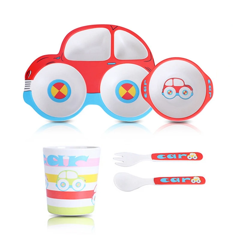 

Bamboo Dinner Set, 5 Piece Kids Dinner Set, Bamboo Fiber Dinnerware Set - Eco Friendly, BPA Free and Dishwasher Safe - Car Desig