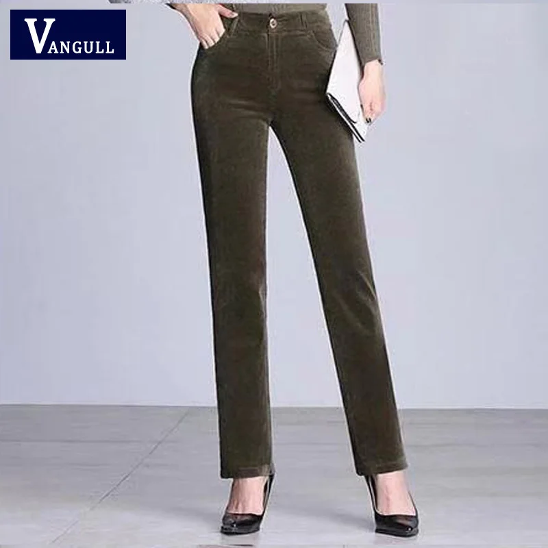Vangull вельветовые брюки женские стрейч женские свободные брюки с высокой талией вельветовые брюки хлопковые женские брюки осень и зима - Цвет: Армейский зеленый