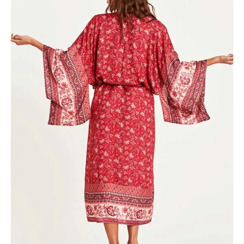 

Boho Inspired Women Summer Kimono Cardigan Long Sleeve Red Floral Print Boho Beach top Cover Ups Ladies Long Blouse Shirts gypsy