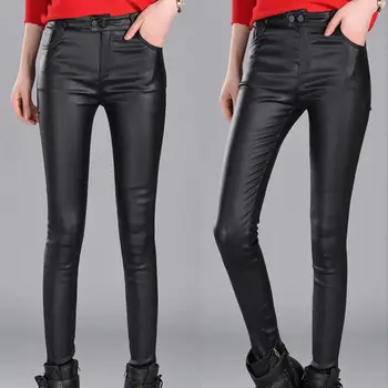 

Sexy Women Stretchy High Waist Slim Hip Lifting Faux Leather Pencil Pant Trousers Solid Color All-match Faux Leather Trousers