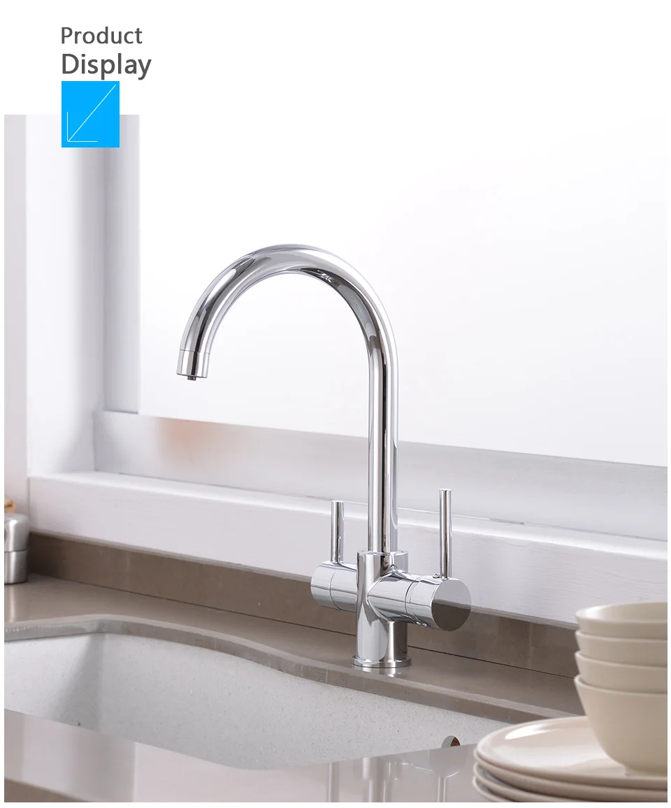ROVATE 3-Way Sink Faucet Purified Water Hot and Cold Mixer Tap, Dual Handle Drinking Water Filter Kitchen Faucet Deck Mounted