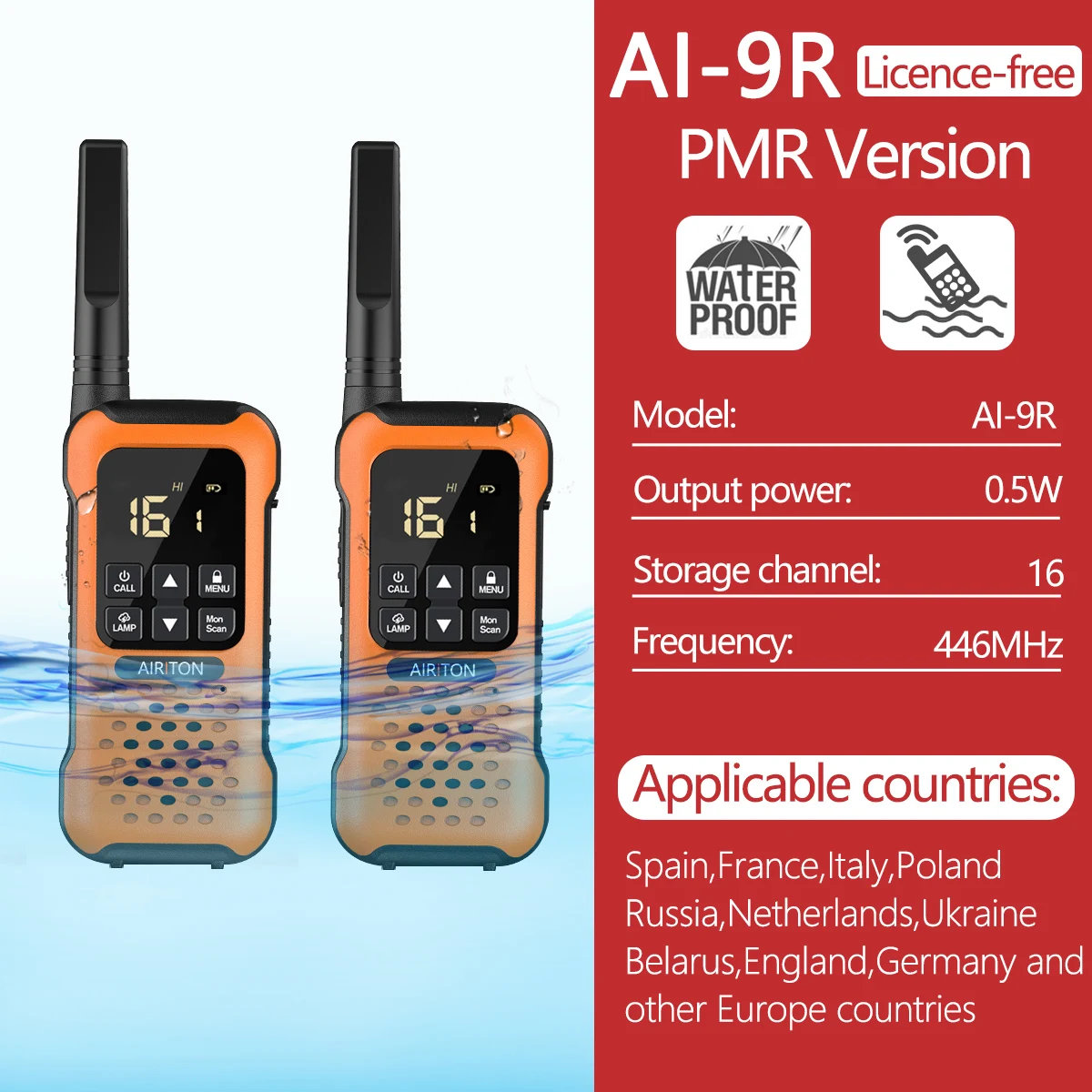 2Pcs Airiton AI-9R IP67 Floating Walkie Talkie Waterproof 30KM Long Range Powerful PMR/FRS Two way Radio Upgrade of UV-9r Plus long range walkie talkies 200 miles Walkie Talkie