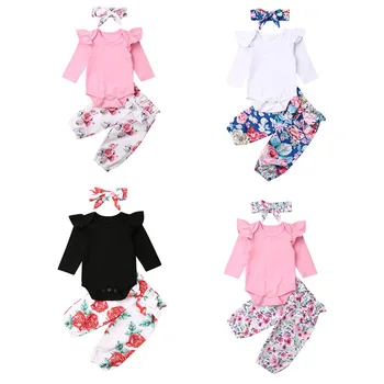 

0-24M Newborn Baby Girl Infant Flower 3pcs Clothes Sets Long Sleeve Romper Tops Floral Pants Headband Outfits