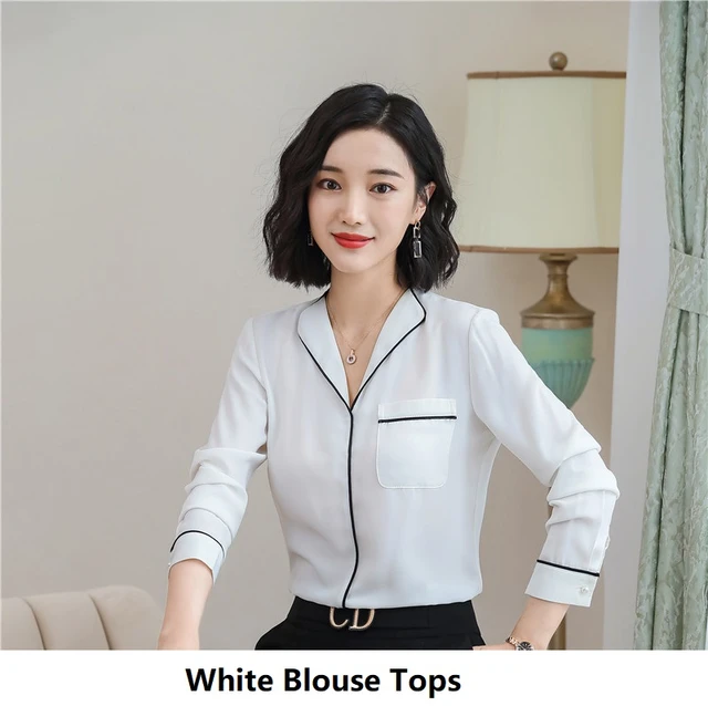 Elegante blanco moda cuello V Formal OL estilos blusas y camisas para negocios trabajo desgaste blusa Casual ropa de manga larga|Blusas camisas| - AliExpress