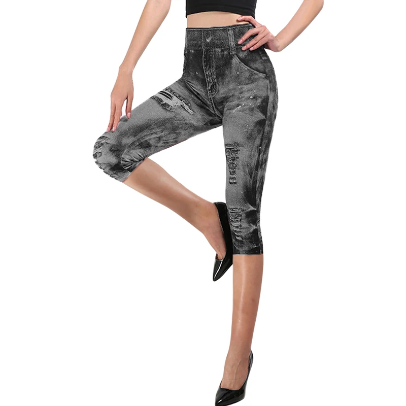 black-2 Sfit женские леггинсы для спортзала, искусственная лосины из джинсовой ткани, леггинсы с карманами и принтом, повседневные узкие брюки с высокой талией, большие размеры, штаны для йоги - Цвет: black-2