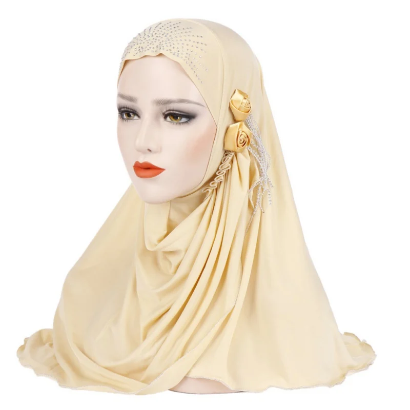 Fashion New Ice Silk Side Three-dimensional Flower Tassel Muslim Headscarf Shawl Scarf Shawl Scarf Solid Color Sportswear Women