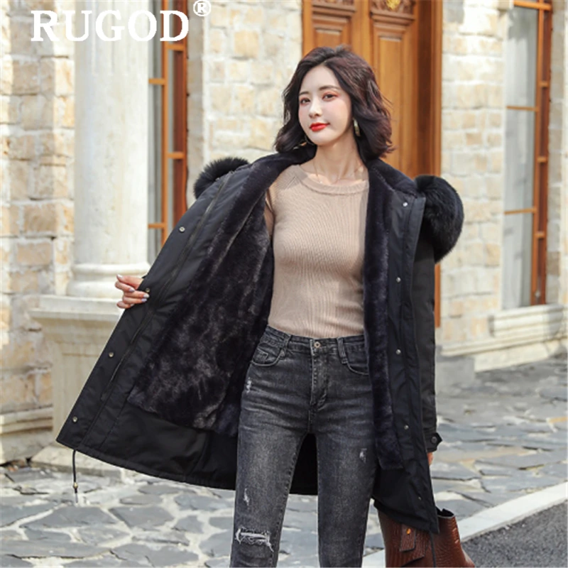 RUGOD винтажная парка на подкладке пальто женское корейское меховое с капюшоном плотное свободное зимнее пальто модное Однотонное шерстяное пальто средней длины