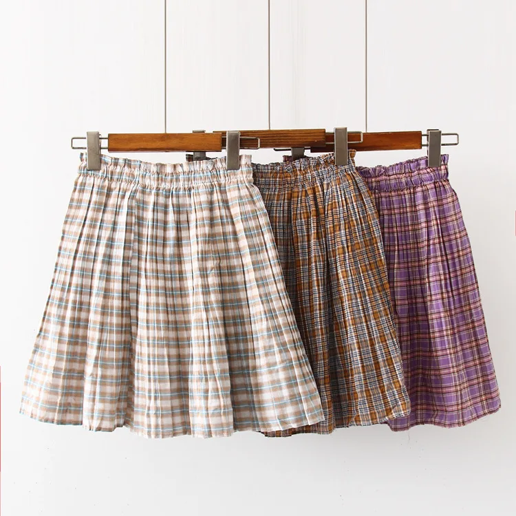 

2019 Summer New Style Color Small Plaid Skirt Elastic Waist Pleated Short Sleeve Women's Three-Color