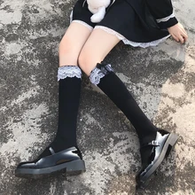 Bowknot Ruffled Frilly Lace Trim Stockings Women Girls Sweet Black Knee High Stockings Student Mesh Fishnet Stockings Nylon