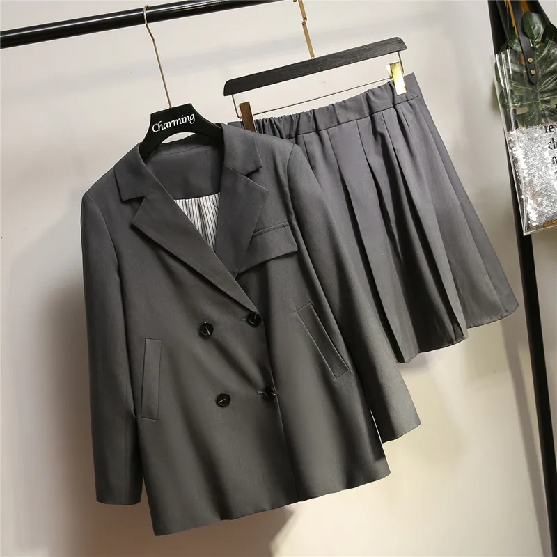 

Women Set Autumn Long Sleeve Blazer + Short Pleated Skirt 2 Pieces Suit Work Office Lady Plus Size Set 3453LY