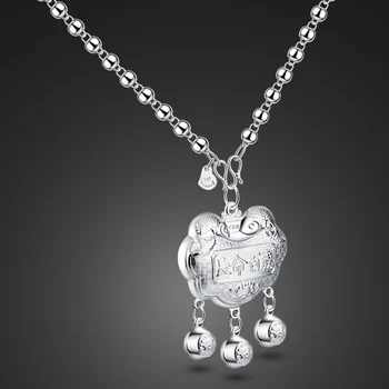 

Chinese style 100% 925 Sterling Silver Bead ChainsNecklace Fashion Vintage Bohemia Lock Pendant Necklaces for WomenJewelry