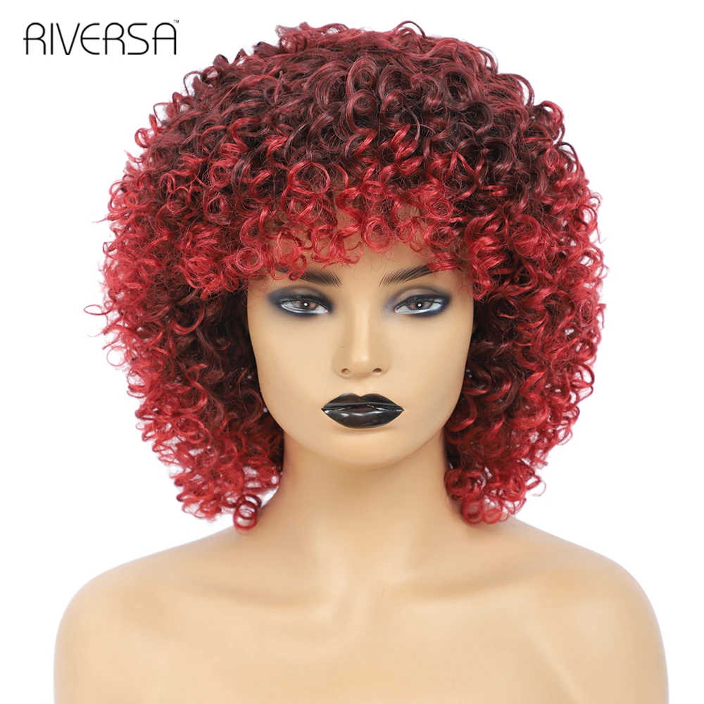 14 inches Afro Kinky Curly Wig 1B Ombre Gray 4-30 27-33 Red Soft Short With Bangs Synthetic Hair Wigs for Women | Шиньоны и парики