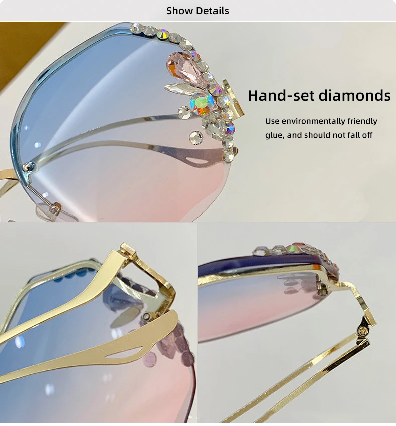 Fashion Anti-UV Diamond Sunglasses Women UV400 Rimless Vintage Sun Glasses Rhinestone Retro Sunglass Luxury Designer Oculos