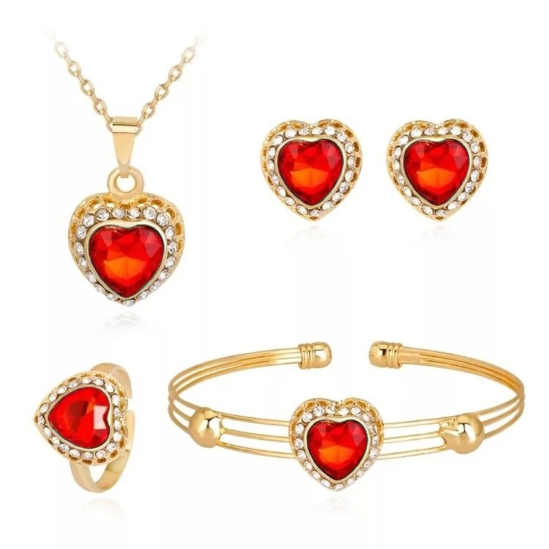 Модный Ювелирный Набор в форме сердца, роскошный кристалл, свадебное ожерелье, серьги, браслет, кольцо, золотой цвет, кубический цирконий, свадебный ювелирный набор