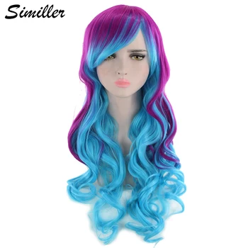 

Similler Anime Women Long Curly Synthetic Wigs Cosplay Heat Resistance Purple T Blue Ombre Rainbow Wig for Halloween