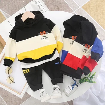 

Baby Color Matching Sports Suit Boy Hooded Long Sleeve Sweater Casual Trousers Two-piece Children Letter Clothing d
