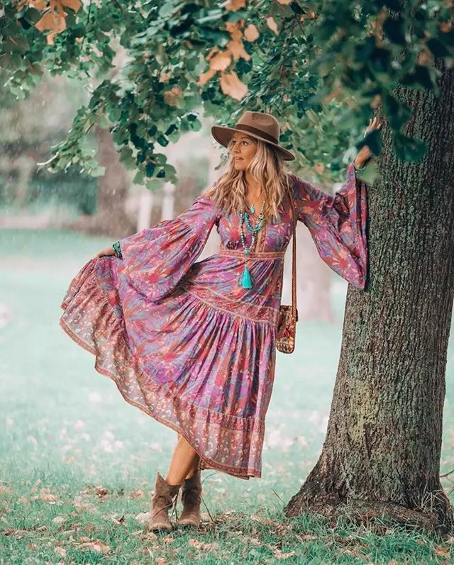 Богемное пляжное платье KIYUMI Gypsy с цветочным принтом, Макси женское платье с длинным рукавом и v-образным вырезом, винтажное свободное Повседневное платье, Осеннее вискозное платье