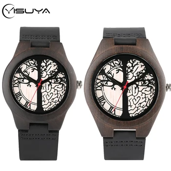 

YISUYA Life Tree Design Wood Watch Red Pointer Clock Genuine Leather Watches Lovers Gifts Wristwatch Men Women Reloj montre uhr